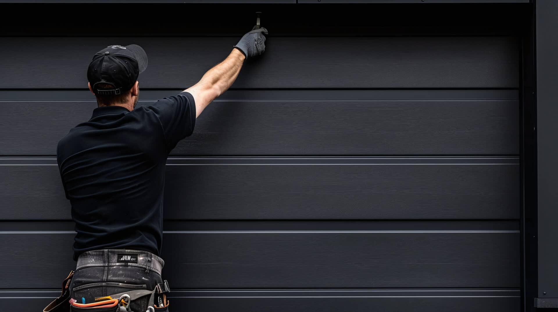 Garage door technician working on a black sectional garage door