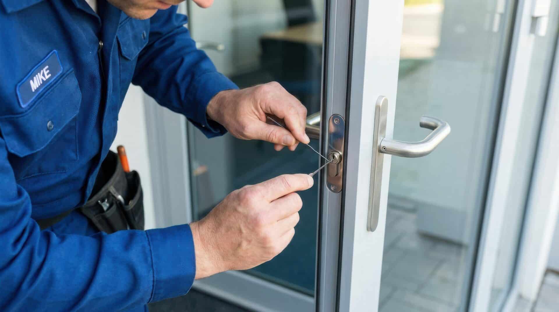 Locksmith repairing a door lock on a glazed entrance door